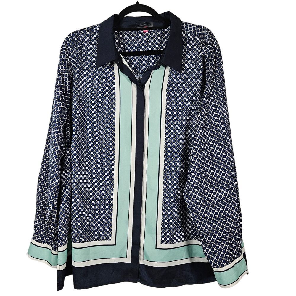 Vince Camuto Womens 3X Multicolor Geometric Print Button‎ Up Roll Tab Top Blouse